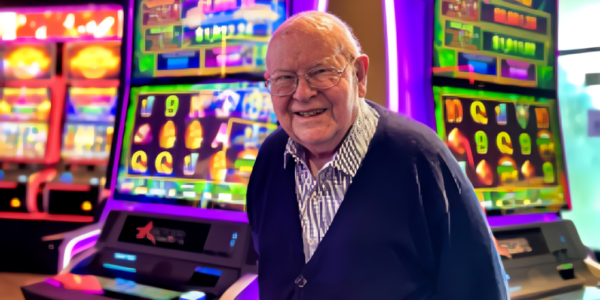 Len Ainsworth, an influential Australian businessman and founder of Aristocrat Leisure, stands proudly at a gaming convention, showcasing his legacy in the gaming industry.