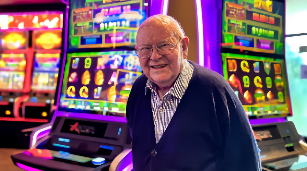 Len Ainsworth, an influential Australian businessman and founder of Aristocrat Leisure, stands proudly at a gaming convention, showcasing his legacy in the gaming industry.