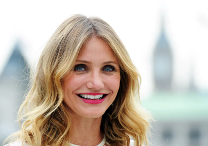 A portrait of Cameron Diaz, featuring her with long blonde hair and striking blue eyes, smiling confidently.