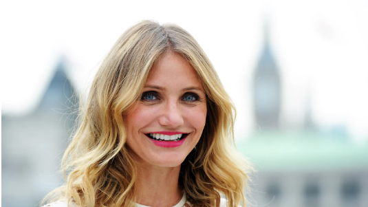 A portrait of Cameron Diaz, featuring her with long blonde hair and striking blue eyes, smiling confidently.