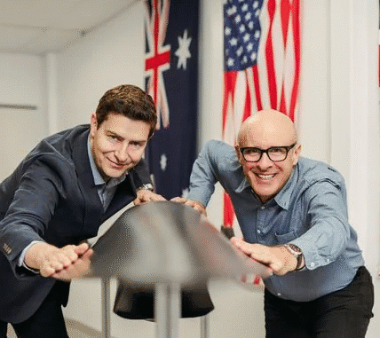 Incoming Uniseed CEO Dr Alastair Hick with outgoing CEO Dr Peter Devine during the leadership transition.